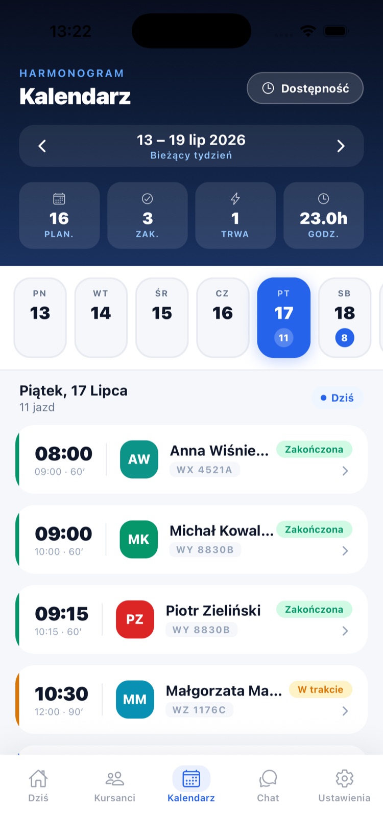 Drivioo — kalendarz instruktora z zapełnionym tygodniem jazd