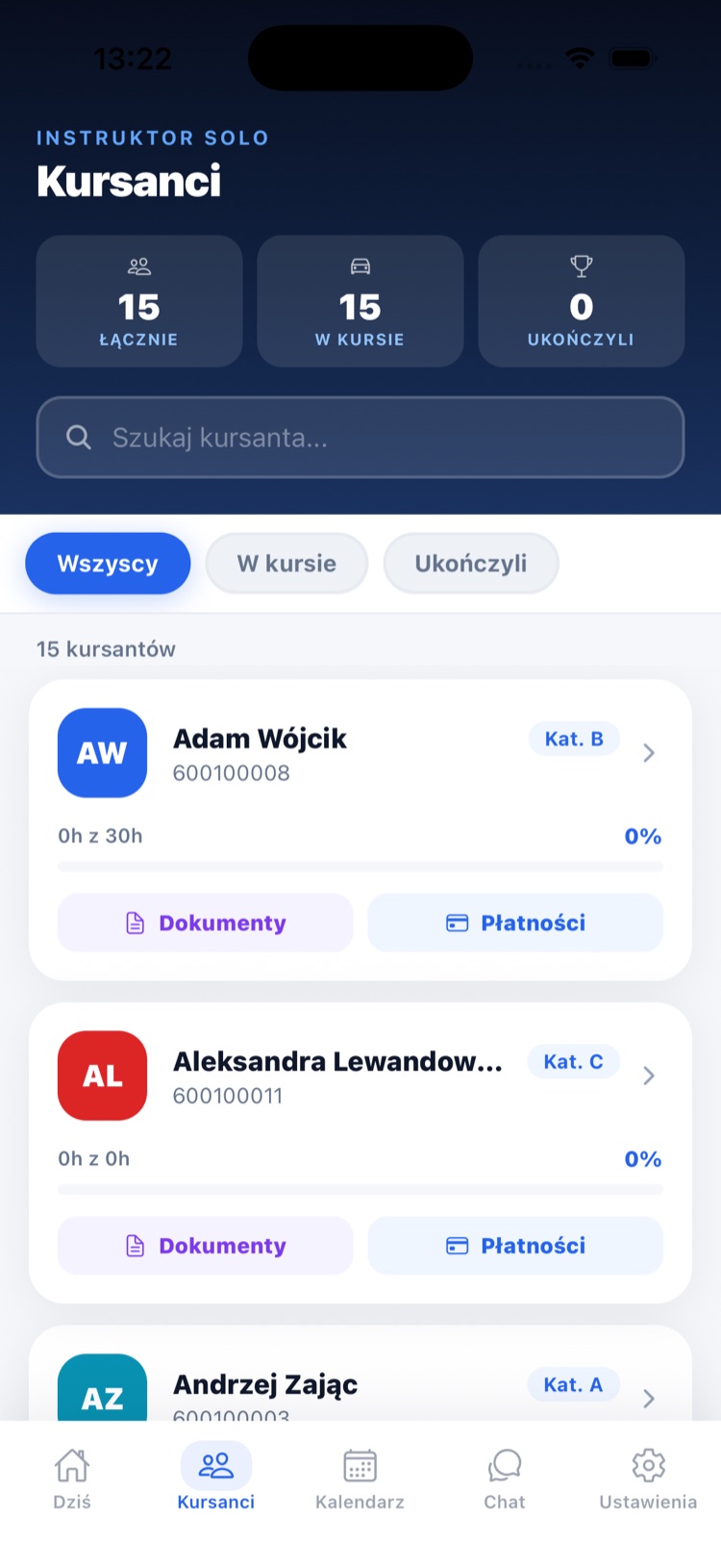 Lista kursantów instruktora w aplikacji Drivioo