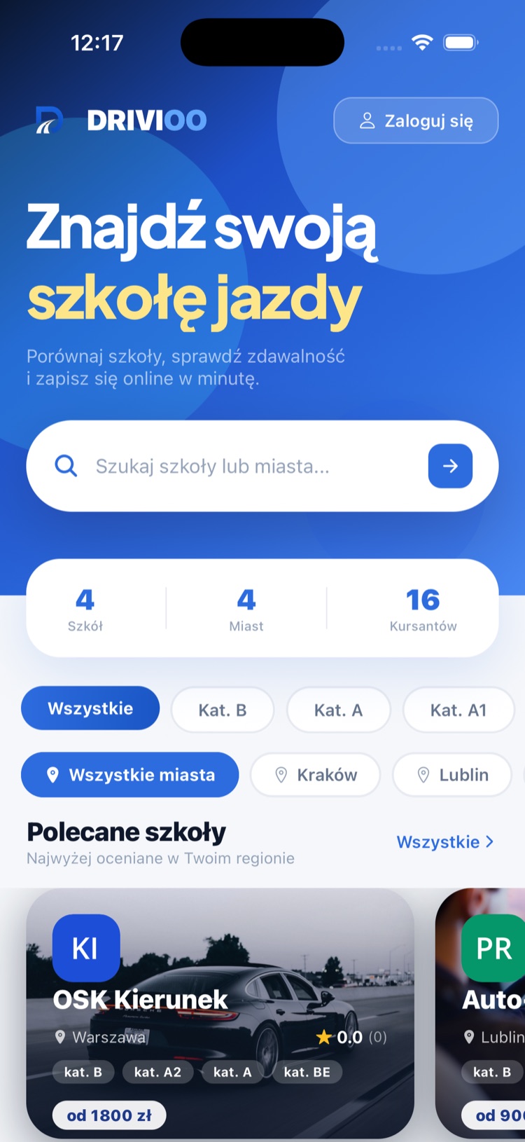 Drivioo — kursant przegląda i porównuje szkoły jazdy z cenami